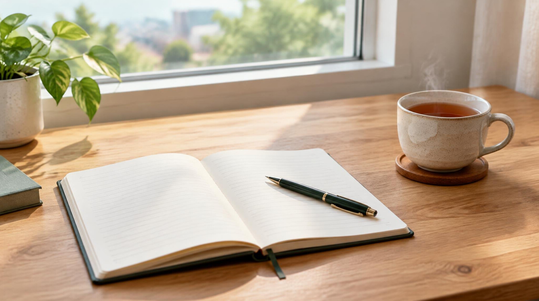 Open notebook and pen on a wooden desk near a window